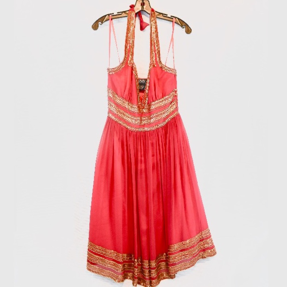 Adrianna Papell Red & Gold Sequin Greecian Goddess Halter Dress Size 2 Small